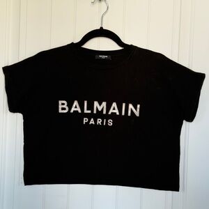 Balmain Black cropped T-Shirt with white Logo